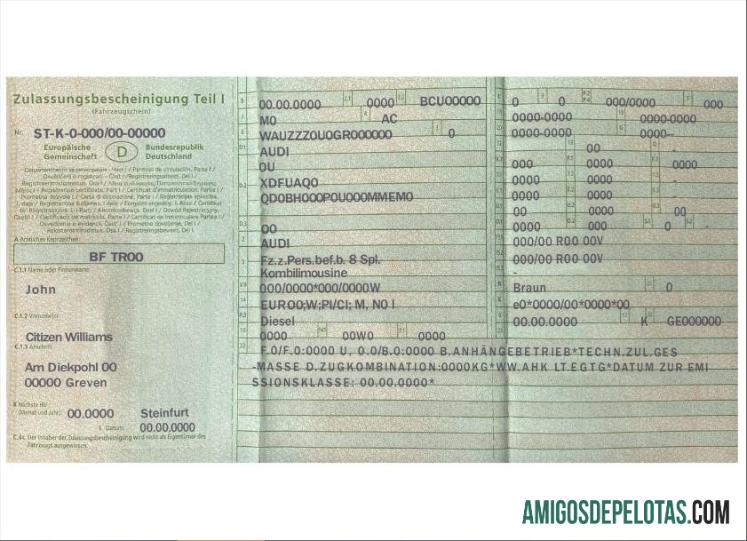 Certificado de registro de veículo na Alemanha amostra